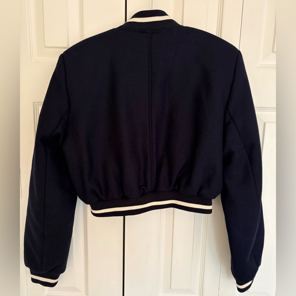Zara Navy Blue and White Cropped Varsity Jacket - Picture 2 of 6